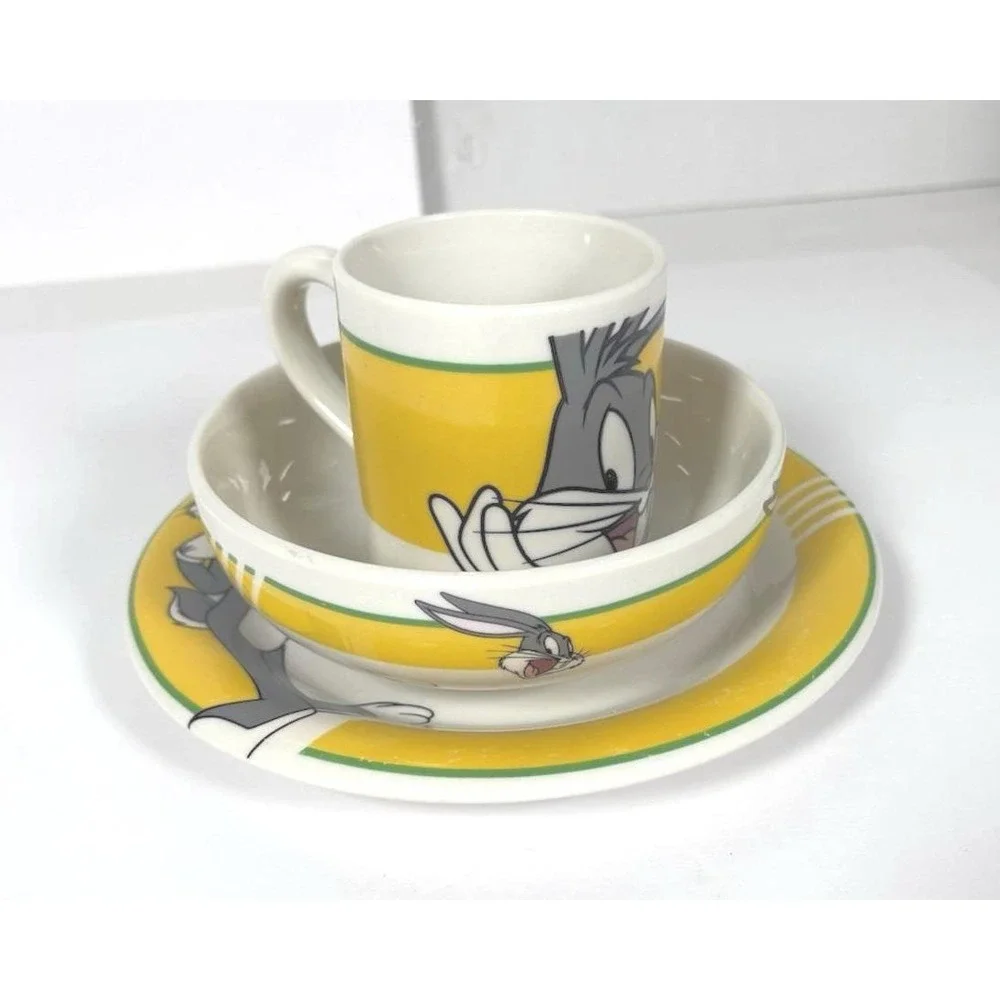 Looney Tunes Bugs Bunny Kids Dish Set 3-Piece Plate Bowl Cup Gibson 1998